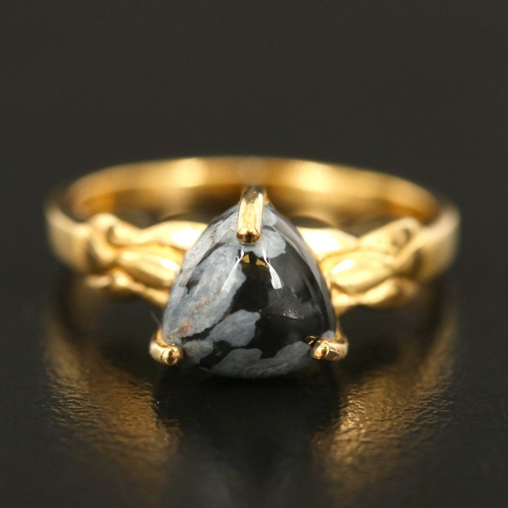Gold Tone Sterling Silver Snowflake Obsidian Triangular Ring